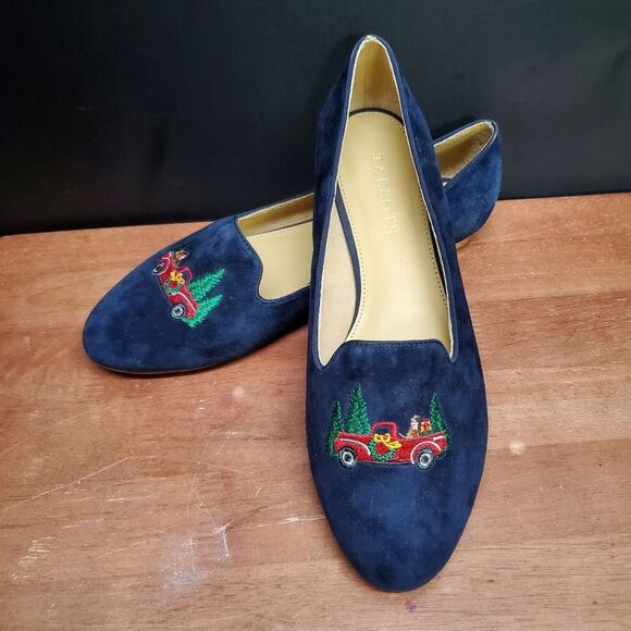 Talbots Christmas Truck Blue Suede Slip On Size 7.5M - Picture 1 of 11